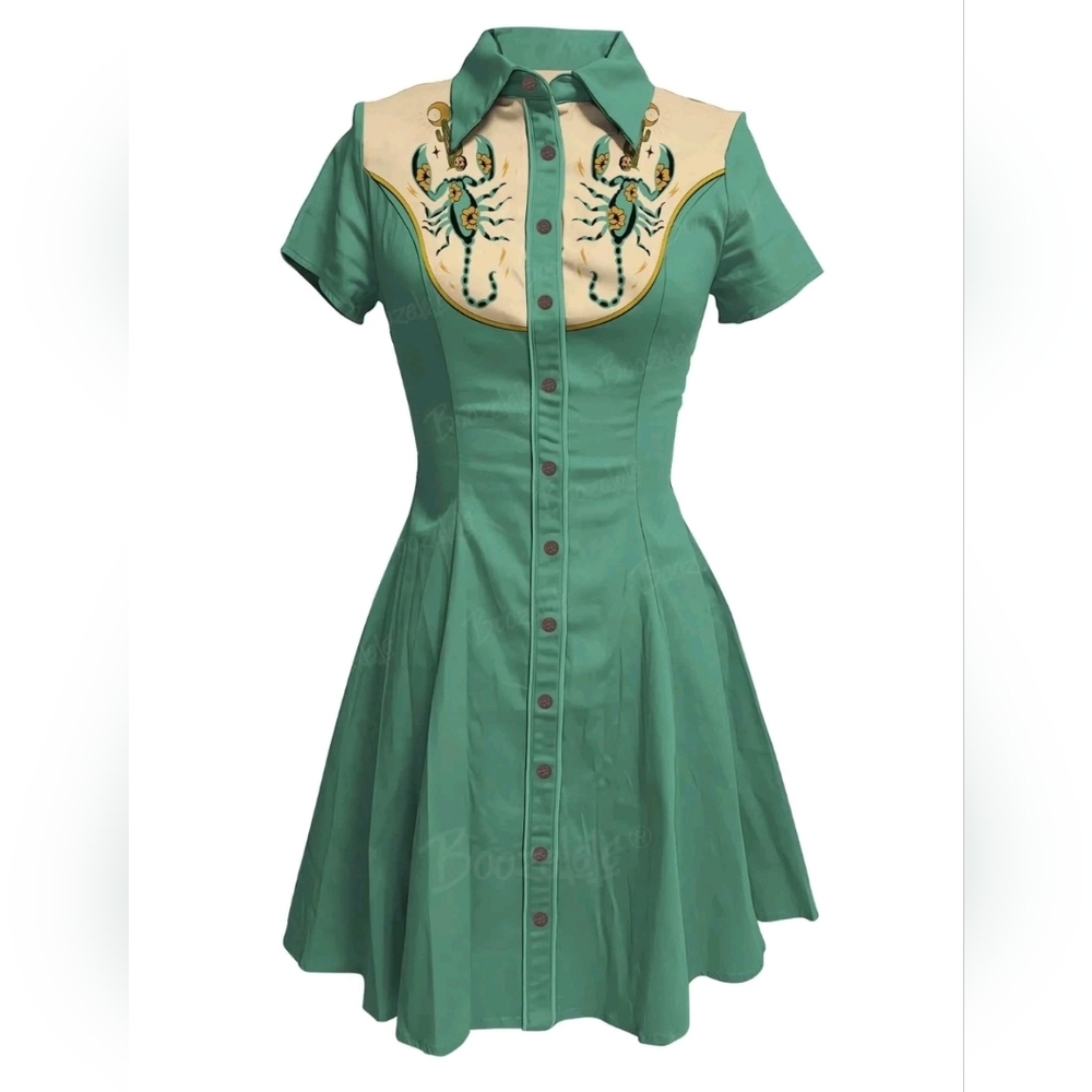 BoozeLele Western Dress – Scorpion & Cactus Embroidery – Cyan – Size XL